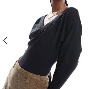 Ribbed wrap long sleeve bodysuit in black